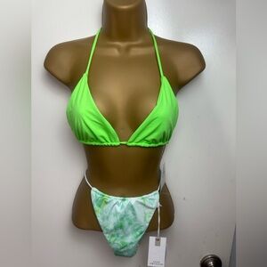 Good American Green Tiny Ties Bikini Top &Marble Tiny ties String Bottom NWT 3/L